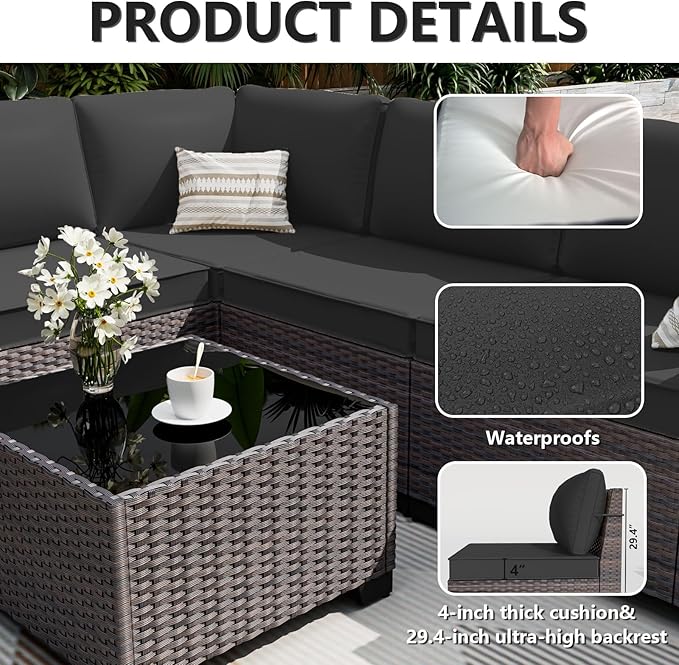 ALAULM 13 Pieces Outdoor Patio Furniture Set with Propane Fire Pit Table Outdoor Sectional Sofa Sets Patio Furniture 43" Gas Fire Pit Brown PE Rattan Patio Conversation Set w/10 Cushions (New Black) ALAULM