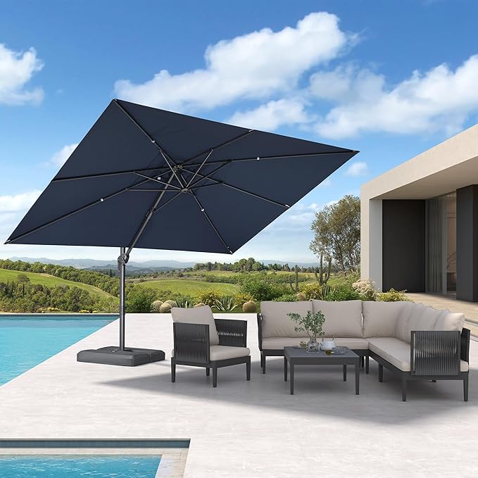 PURPLE LEAF Patio Umbrella 9' X 11.5' Rectangle Cantilever Umbrella Large Aluminum Outdoor Umbrellas with 360-degree Rotation & UPF40+ Premium Fabric for Deck Pool Garden Yard, Ocean Slate Rootora
