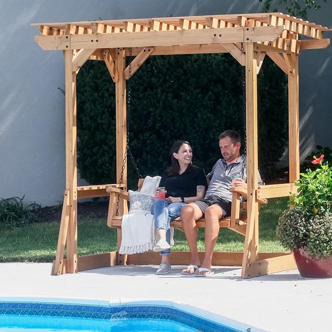 Backyard Discovery Callahan 8' x 5' Cedar Wood Outdoor Patio Pergola Swing Bench with Trellis, Two-Person Seating, Chains, Water Resistance, 600 Lb Weight Capacity for Porch, Patio, Deck, Garden BackyardDiscovery