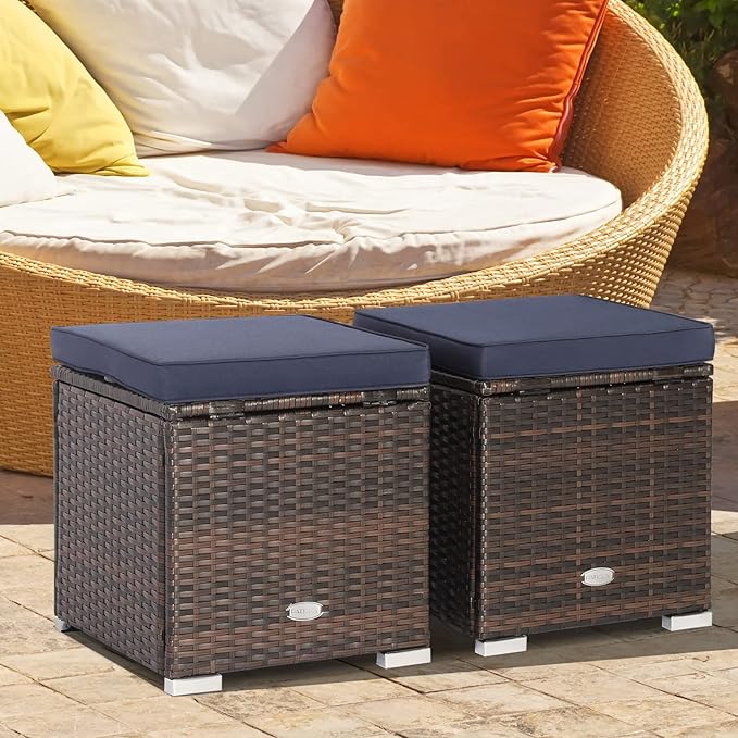 Tangkula 2 Pieces Patio Ottomans, Patiojoy Hand-Woven PE Rattan Side Table with Removable Cushion & Hidden Storage Space, Multifunctional Storage Box, Seat for Patio, Backyard, Poolside (Navy) TANGKULA