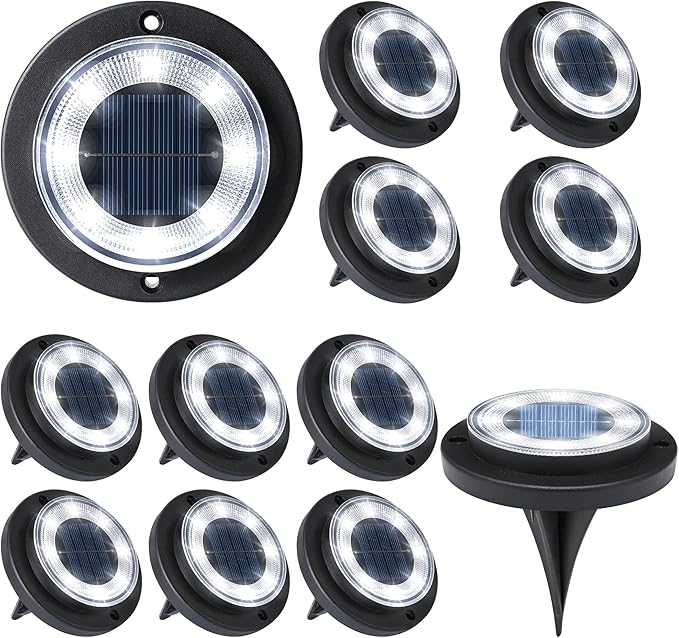 Flacchi Solar Lights Outdoor - Solar Powered Ground Lights Outdoor Solar Disk Light Waterproof Landscape Light for Patio Yard Pathway Walkway Driveway (Cool White, 12 Pack) Flacchi