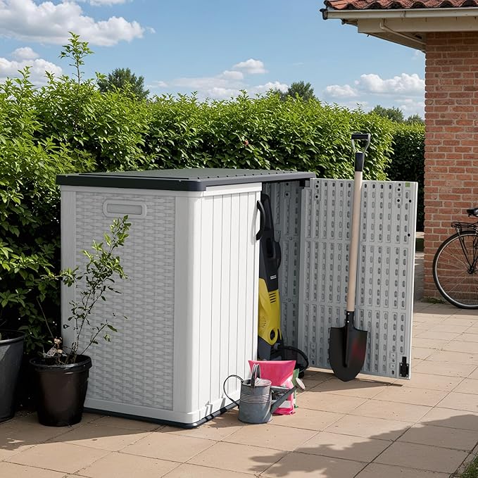 Devoko Outdoor Storage Cabinet 26 Cu Ft with Lockable Doors, Horizontal Storage Shed Waterproof Patio Tools Storage Box for Sofa Cushions, Gardening Tools and Accessories (White) DEVOKO