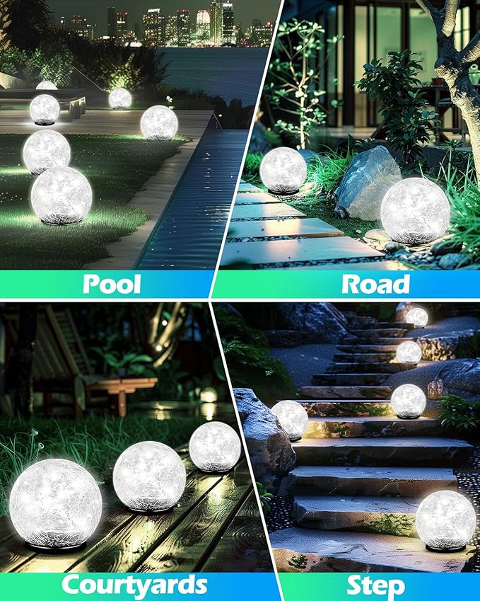 Coroor Garden Solar Ball Lights Outdoor Waterproof, 80 LED Cracked Glass Globe Ground Lights for Path Yard Patio Lawn, Outdoor Decoration Landscape White (2 Pack 5.9'') Coroor
