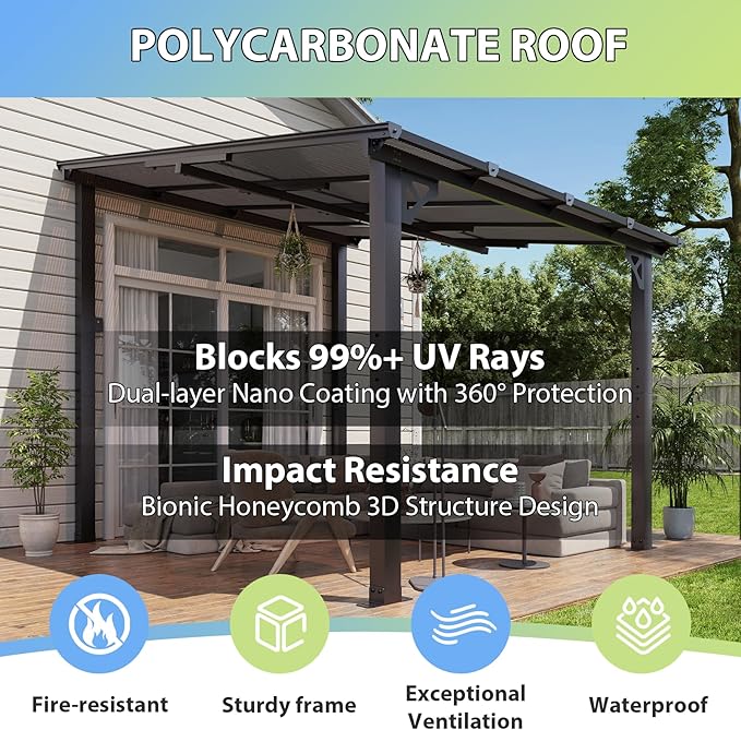 Aoxun 8'x 10' Premium Gazebo with Aluminum Top Frame & Polycarbonate Panel, Wall Mounted Gazebos Pergola, Outdoor Patio Lean to Gazebo, Awnings with Sloped Roof, for Backyard, Porch, Deck Aoxun