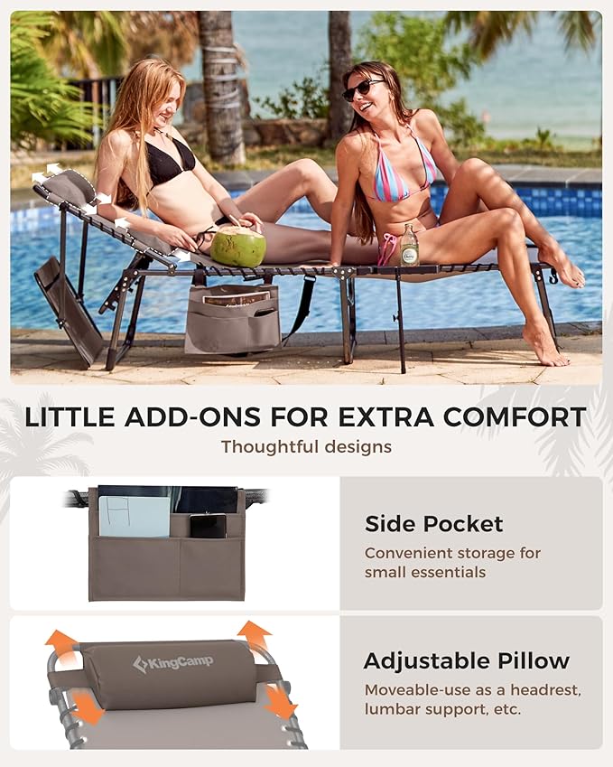 KingCamp Tanning Chair with Face Hole, Lounge Chairs Outdoor Folding Comfy Adjustable 5-Position Foldable Chaise Chaser with Canopy Shade for Outside Beach Patio Sun Bathing, Beige KingCamp