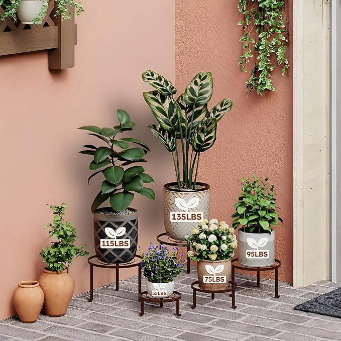 5 Pack Plant Stand Indoor Outdoor, Flower Pot Stand Plant Rack for Home Courtyard Gardens, Round Metal Corner Plant Stand for Flower Holder for Multiple Plants Rootora