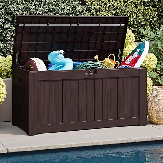 JUMMICO 120 Gallon Resin Deck Box, Large Outdoor Storage Box Waterproof & Lockable for Garden, Patio, Pools (Deep Brown) JUMMICO
