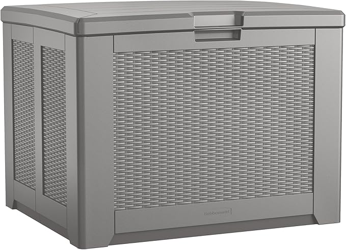 Rubbermaid Medium Resin Outdoor Storage Deck Box (74 Gal) Weather Resistant Gray Deck Organization for Home/Backyard/Pool Chemicals/Toys/Garden Tools/Porch/Patio Cushions Rubbermaid