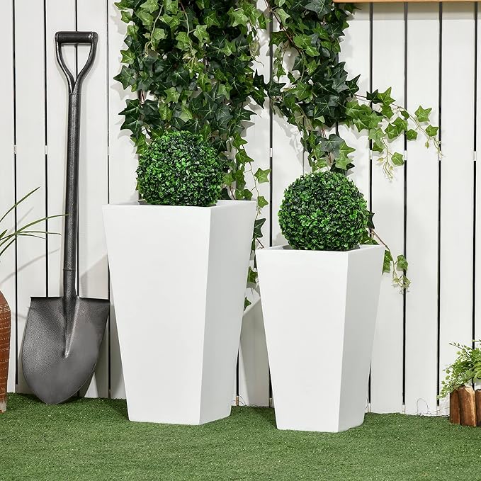 Outsunny 2-Pack Outdoor Planter Set, Flower Pots with Drainage Holes, Durable & Stackable Plant Pot, 22in & 18in, for Porch, Entryway, Patio, Yard, Garden, White Outsunny
