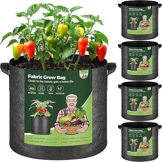 T4U Fabric Plant Grow Bags with Handle 7 Gallon Pack of 5, Heavy Duty Nonwoven Smart Garden Pot Thickened Aeration Nursery Container Black for Outdoor Potato, Tomato, Chili, Carrot and Vegetables T4U