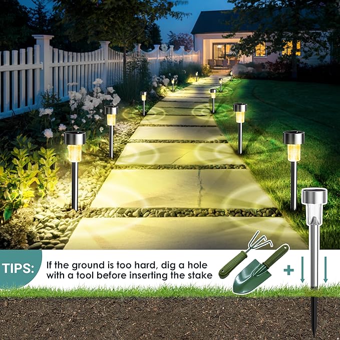 GIGALUMI Solar Lights Outdoor Waterproof, 12 Pack, Stainless Steel LED Solar Garden Lights for Patio, Lawn, Yard and Landscape, Garden Decor Patio Decor,Warm White GIGALUMI
