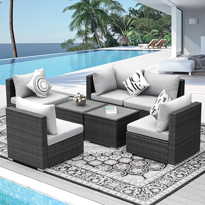 NICESOUL 7 Pieces Comfy 29.3'' High Back Outdoor Furniture Sofa Set, Extra Large Size Grey PE Wicker Patio Modular Sectional with Side Tables, All-Weather Rattan Conversations for Backyard Deck,Gray NICESOUL