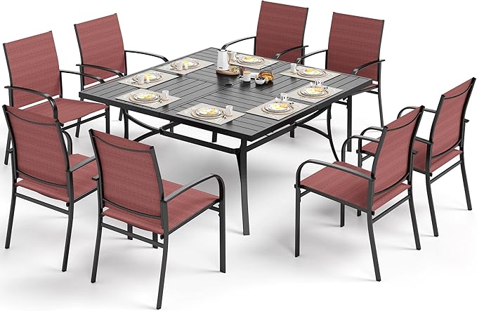 Patio Dining Set for 8, 60" x 60" Square Metal Table with Umbrella Hole, 8 x Stable Dining Chairs, Outdoor Table and Chairs Set for Lawn Backyard and Deck, Red SUNSHINEVALLEY