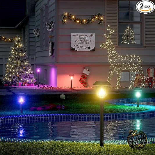 AOSEA 2 Pack Solar Pathway Lights Outdoor Waterproof - Auto RGB Color Changing Solar Lights, IP65, 12H Bright, Durable Plastic - Perfect Christmas Decor for Garden & Walkway【RGB Flash Mode Only】 AOSEA