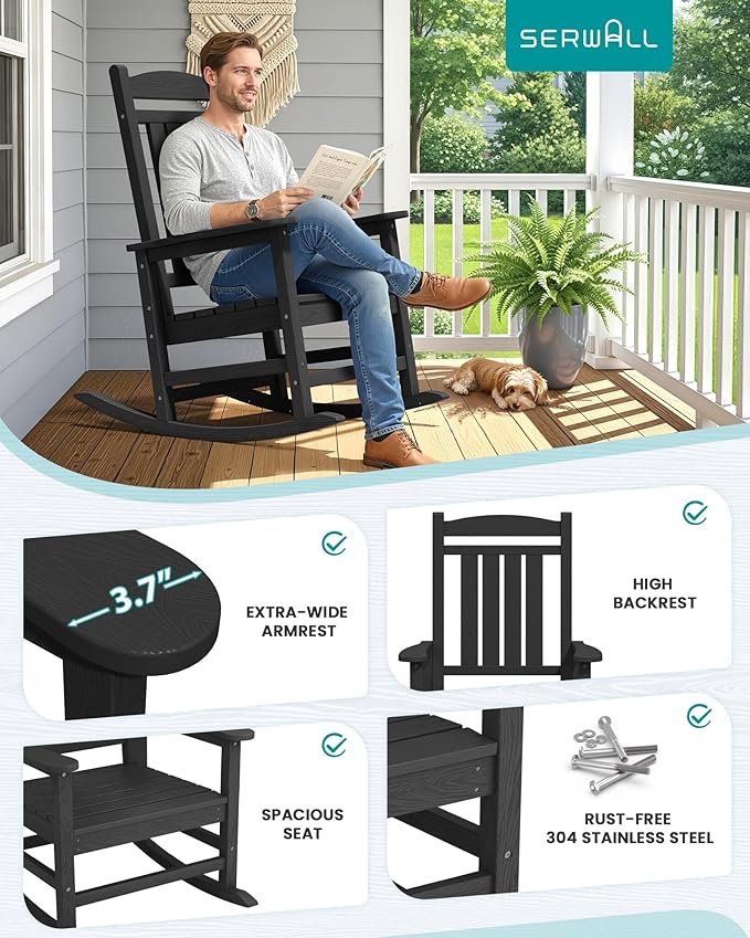 SERWALL HDPE Outdoor Rocking Chair Set of 2, Patio Rocking Chairs, All-Weather Porch Rockers for Adults, Black SERWALL