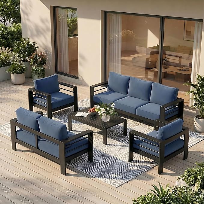 Solaste Aluminum Outdoor Patio Furniture Set, 7 Seats Patio Sectional Sofa with 5" Thick Cushion, Outdoor Patio Set with Coffee Table for Porch, Backyard, Deck, Yard, Blue Solaste