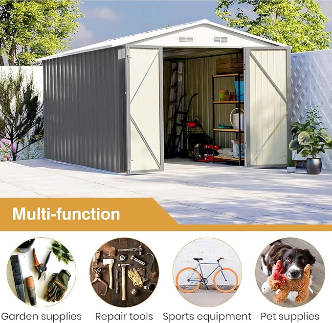 Patiowell 12 x 8 FT Outdoor Storage Shed, Steel Shed Storage House with Design of Lockable Doors, Utility and Tool Storage for Garden, Patio, Backyard, Outside use, Gray Patiowell