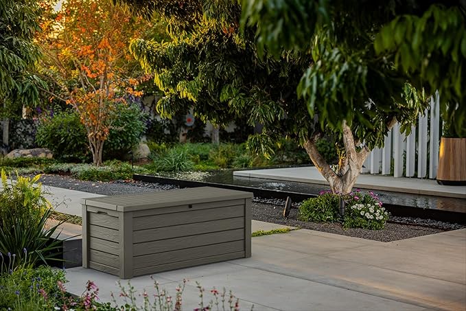 Keter Westwood 150 Gallon Resin Large Outdoor Storage Box for Patio Furniture, Outdoor Cushions, Garden Tools and Pool Floats, Taupe Keter
