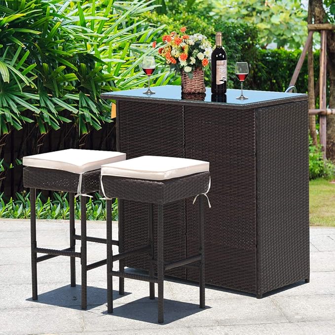 Tangkula Patio Bar Set, 3 Piece Outdoor Rattan Wicker Bar Set with 2 Cushions Stools & Glass Top Table, Outdoor Furniture Set for Patios Backyards Porches Gardens Poolside (Beige) TANGKULA