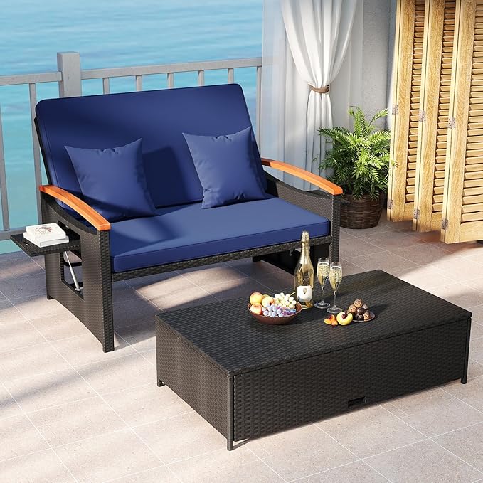 Tangkula Patio Rattan Daybed with 4-Level Adjustable Backrest, Outdoor Wicker Loveseat with Acacia Wood Armrest, Storage Ottoman & Folding Tray, Double Sunbed for Yard & Poolside (Navy & Black) TANGKULA