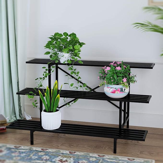 Zhongma 3 Tier Sturdy Metal Plant Stand, L45.67 x W26 x H23.6 inch, Heavy Duty Plant Holder for Home Indoor and Outdoor, 660 LBS Capacity & Heavy Duty Construction Zhongma