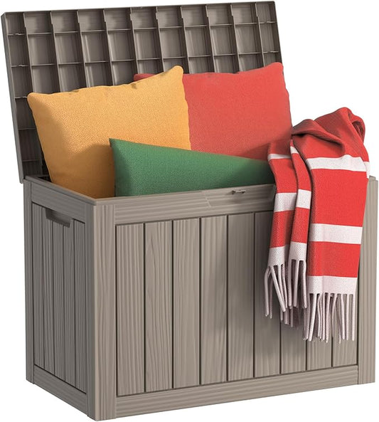 DRATO 45 Gallon Deck Box, Outdoor Storage Box for Patio Furniture, Patio Cushions, Gardening Tools, Pool Supplies 480lbs Weight Capacity,Waterproof Resin Storage Boxes (Light Brown, 45Gal) DRATOprovidesawarmandcozy