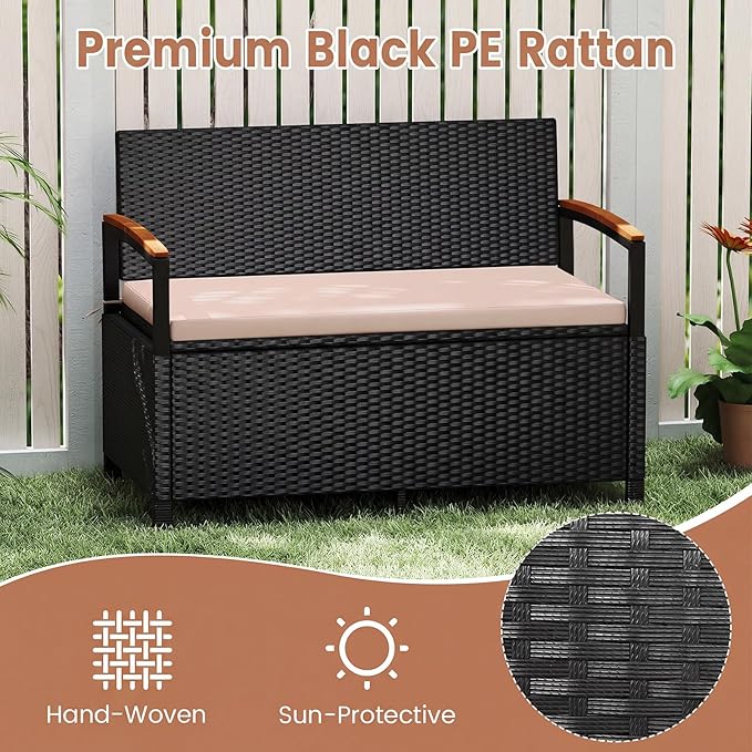 RELAX4LIFE Wicker Outdoor Storage Bench, Rattan Deck Box w/Protective Liner for Patio Furniture Pillows & Garden Tools, Porch Loveseat with Seat Cushion, Acacia Wood Armrests (Black-Beige) RELAX4LIFE