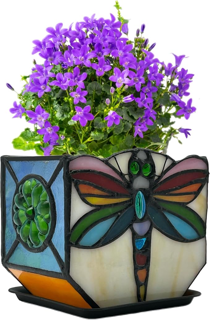 Handcrafted Stained Glass Dragonfly Planter, Decorative Indoor Flower Pot, Succulent Pots with Drainage, Gifts for Plant Lovers Entlityful