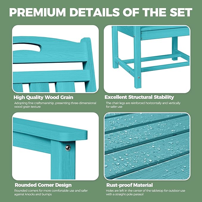 HDPE Outdoor Dining Set, Patio Table and Chairs Set, All-Weather 7-Piece Outside Table and 6 Chairs, 2" Umbrella Hole, Outdoor Furniture for Garden, Poolside, Backyard, Deck | Lake Blue Rootora