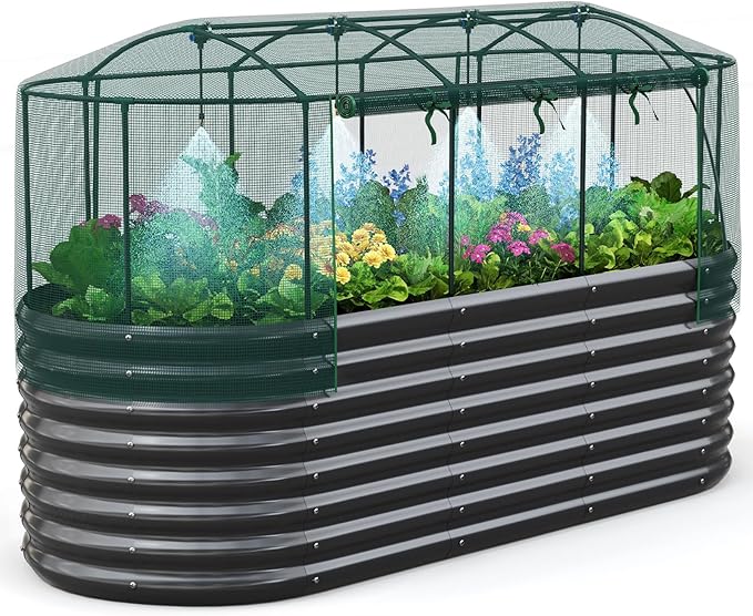 Quictent Galvanized Raised Garden Bed Kit with Self Watering System and Mesh Cover, Large Oval Metal Outdoor Planter Garden Boxes for Vegetables Herbs Flowers, 8x3x2Ft QUICTENT