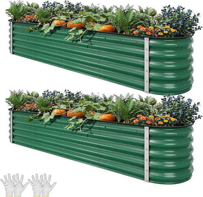 YITAHOME 17" Tall 9 in 1 Large Raised Garden Bed Kit, 8x2x1.4ft Galvanized Metal Planter Box with Gloves & Safety, Outdoor Above Ground Planters for Plants Vegetables Flowers, Green YITAHOME