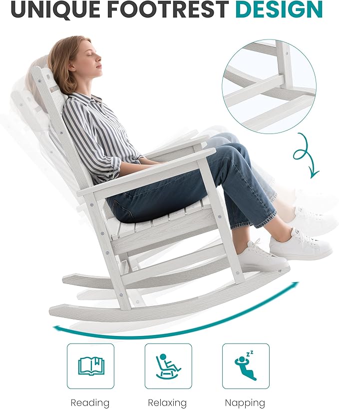 SERWALL HDPE Outdoor Rocking Chair, Oversized Rocking Chair with Footboard, High Back Porch Rocker Chair with 350lbs Support, White SERWALL