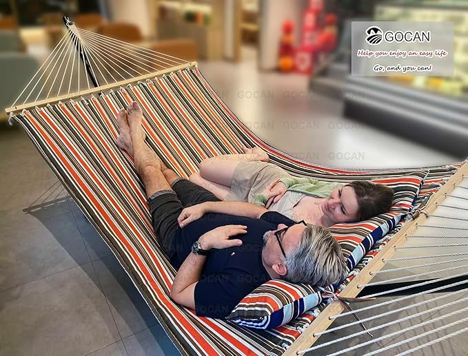 Quilted Fabric Double Hammock Won't flip with Stand and Spreader Bars,Safer and Sturdier,Quality Hammocks for Outdoor Indoor Patio Yard Two Sided Dual use red/Blue GOCAN