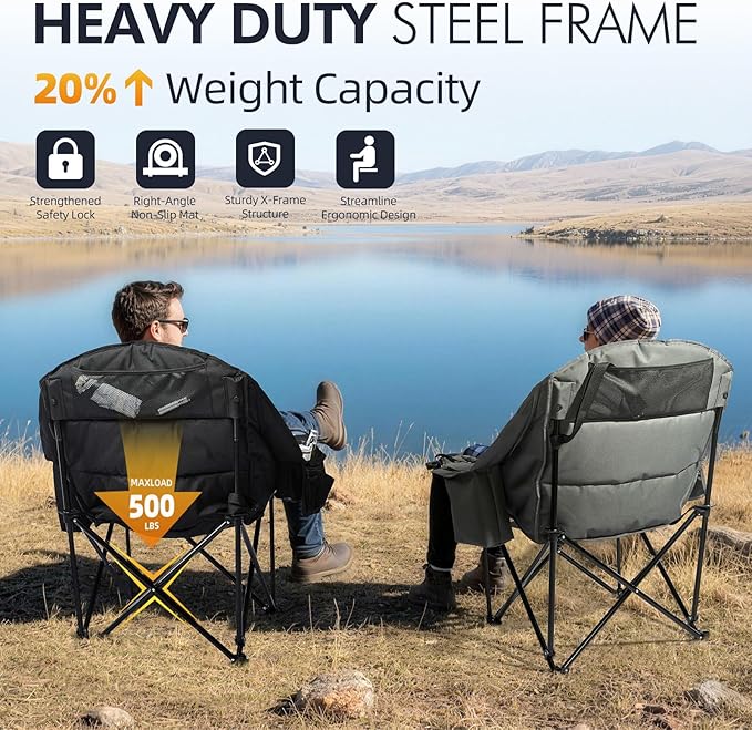 Oversized Camping Chair for Adults - Heavy Duty Outdoor Padded Large Lawn Camp Chair with Cup Holder Cooler Pockets for Sports Beach Fishing Garden Portable Supports 500lbs, Black/Grey 2 Pack PUVASIA