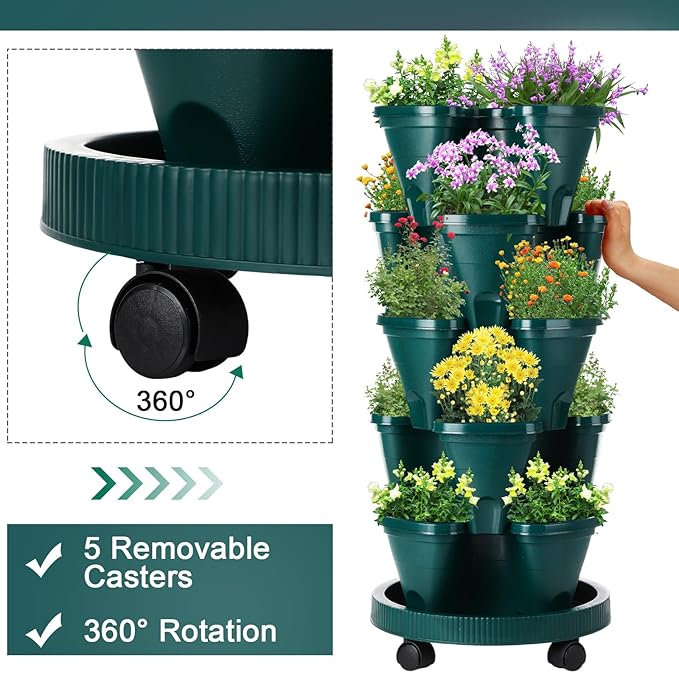 Umigy 2 Set 5 Tier Stackable Planters Vertical Garden Planters for Strawberry Herb Flower and Vegetable Indoor Outdoor Gardening Pots with Removable Wheels and Bottom(Dark Green) Umigy