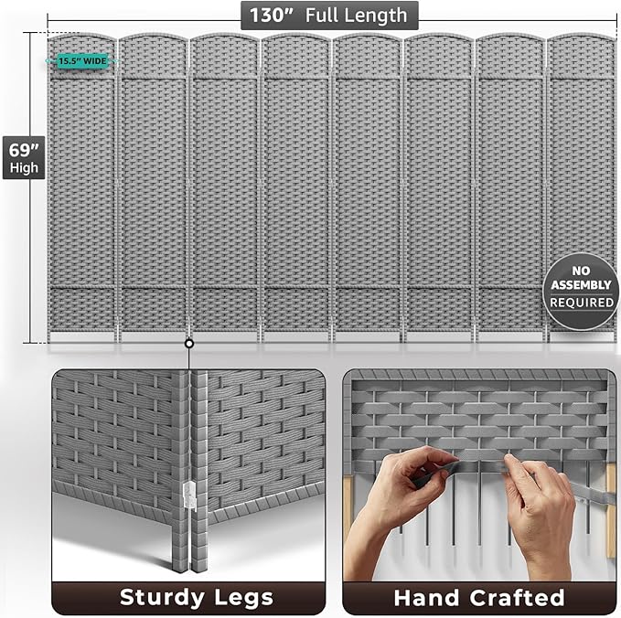 Sorbus 8 Panel Room Divider 6 ft. Tall - Privacy Screen, Extra Wide Double Hinged Panels, Mesh Hand-Woven Design, Partition Room Dividers and Folding Privacy Screens, Wall Divider for Room Separation Sorbus