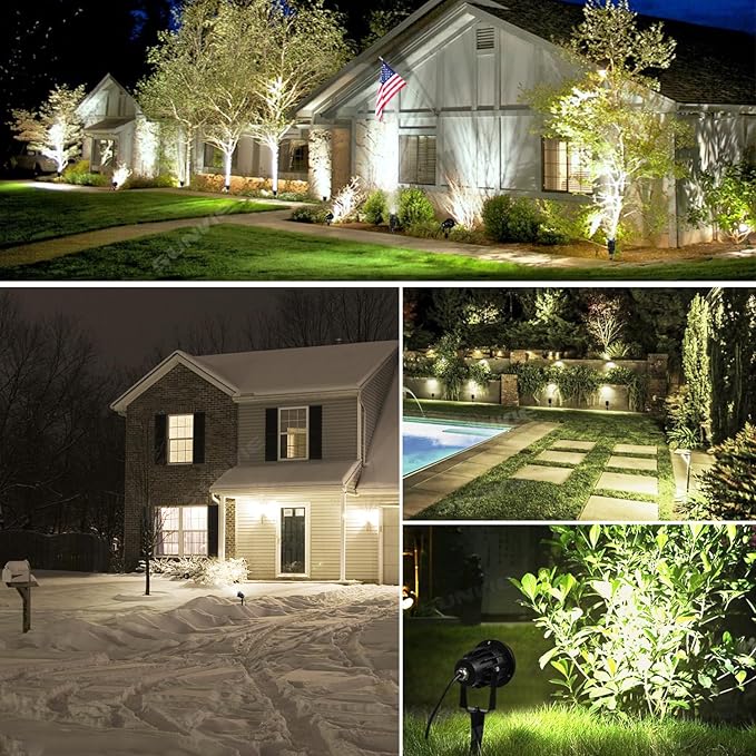 SUNVIE 120V Spot Lights Outdoor LED Landscape Lighting 12W AC Spotlights for Yard Waterproof Landscape Spotlight with Spiked Stake for Tree Garden Pathway Warm White Flag Lights US 3-Plug in, 4 Pack SUNVIE