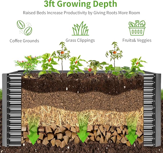 Land Guard 8x4x3ft Rectangular Galvanized Raised Garden Beds, Large-Capacity Metal Planter Box Outdoor, Durable Deep Raised Garden Bed 3ft Tall, Raised Beds for Gardening Vegetables, Modern Gray LandGuard