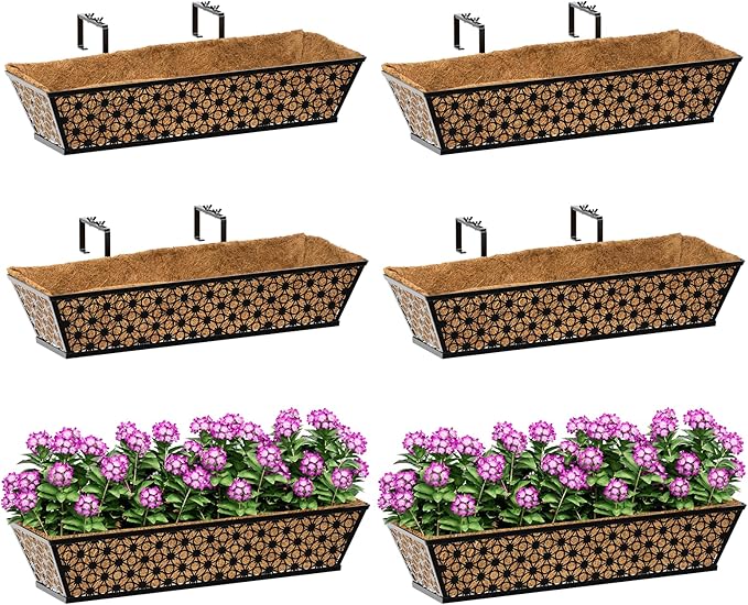 SPECILITE 24" Window Boxes Planters, Heavy Duty Metal Railing Planter Boxes, Adjustable Balcony Planters for Railing Hanging, with Coco Liner & Tool Set for Deck, Porch, and Patio Gardening (6 Pack) SPECILITE