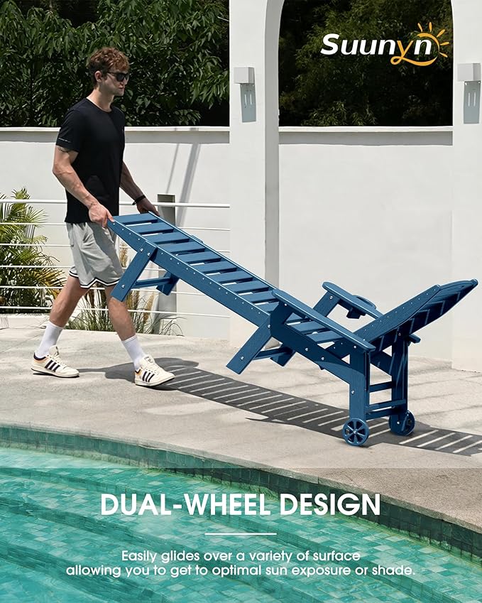 Chaise Lounge Outdoor, Lounge Chair Outdoor with Wood Texture, Adjustable 5-Position Backrest, HDPE Lounge Chair with Wheels & Cup Holder for Pool Deck Backyard,Navy Blue Suunyn