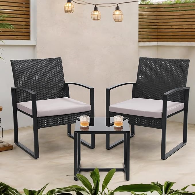 3 Piece Wicker Patio Bistro Set, Rattan Conversation Set with Coffee Table, for Balcony, Porch, Garden, Yard, Poolside, Black Frame with Grey Cushion Murago