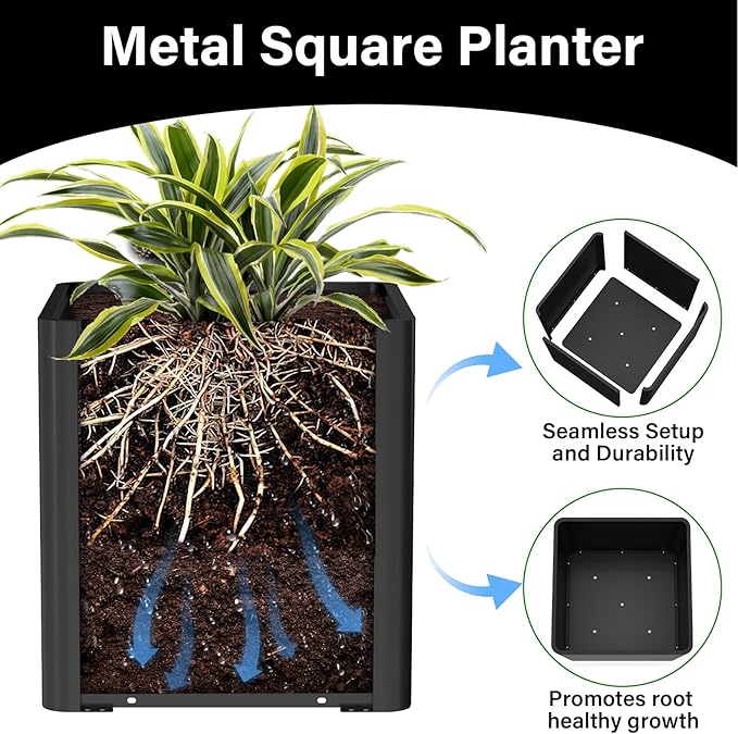 Large Metal Square Planter 20" L x 20" W x 20" H, Black Large Outdoor Planters with Drainage Hole for Porch/Patio/Garden Gardenaire