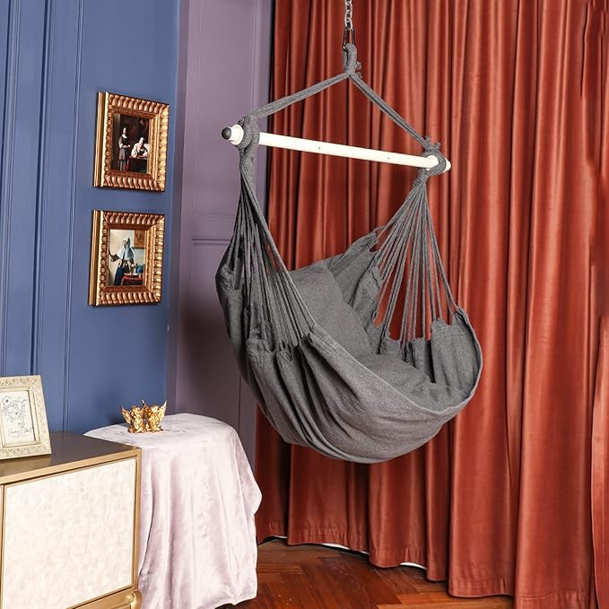 Highwild Hammock Chair Hanging Rope Swing - Max 500 Lbs - 2 Cushions Included - Steel Spreader Bar with Anti-Slip Rings - for Any Indoor or Outdoor Spaces (Grey) Highwild