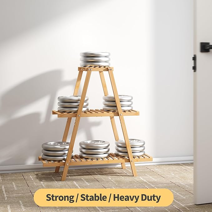 Bamboo Plant Stand - Indoor/Outdoor 3 Tier Plant Ladder, 8 Potted Flower Holder, Natural Furshus