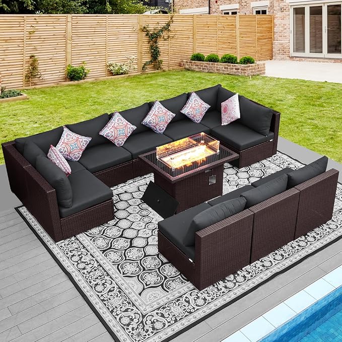 NICESOUL 11 Pcs Modern Outdoor Patio Sectional Furniture Set with Fire Pit Table, 29.3'' High Back Conversation Sets with Firepit, Cozy Large U-Shaped L-Shape Couches, Brown Rattan and Gray Cushion NICESOUL