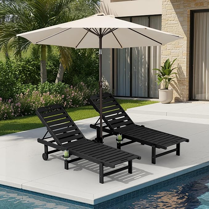 SERWALL Outdoor Chaise Lounge Set of 2 with 9FT Umbrella, HDPE Pool Lounge Chair with 5-Position Adjustable Backrest, Patio Lounger with Rolling Wheels & Cup Holder for Pool, Black SERWALL
