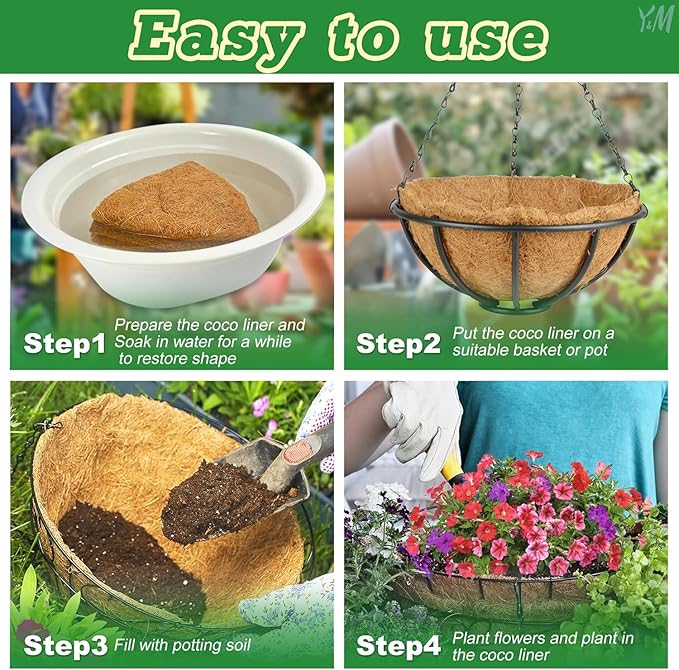 Y&M Pack of 2 12" Pre-Formed Round Coco Fiber Hanging Basket Liner,Coco Replacement Liner-2PCS YM