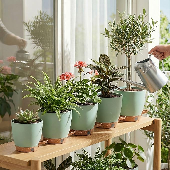 montresor 5 Pack Green 5/5.5/6/6.5/7 Inch Self Watering Planters for Outdoor, Plastic Plant Pots with Wick & Drainage, Small to Medium Indoor Pots for Snake Plant, Aloe Montresor