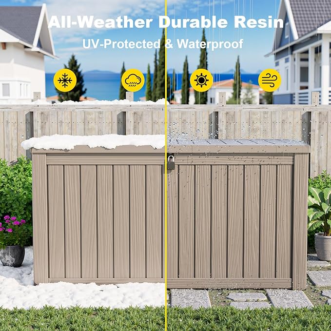 ROJIK Outdoor Storage Housing Deck Box - Waterproof Patio Furniture, Garden Tools, Cushions, Pool Accessories Storage Bench with Lockable Lid and Side Handles (Grey, 180 Gal) ROJIK