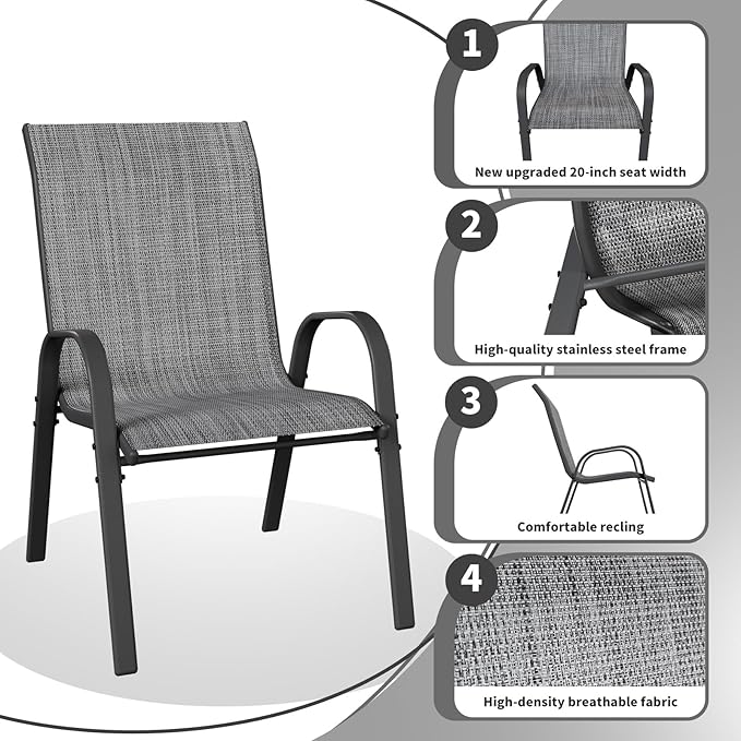 Patio Dining Chairs Set of 6, Outdoor Stackable Dining Chairs High Back, Patio Furniture for Backyard, Porch, Garden, Poolside (Grey) VonzoyHome